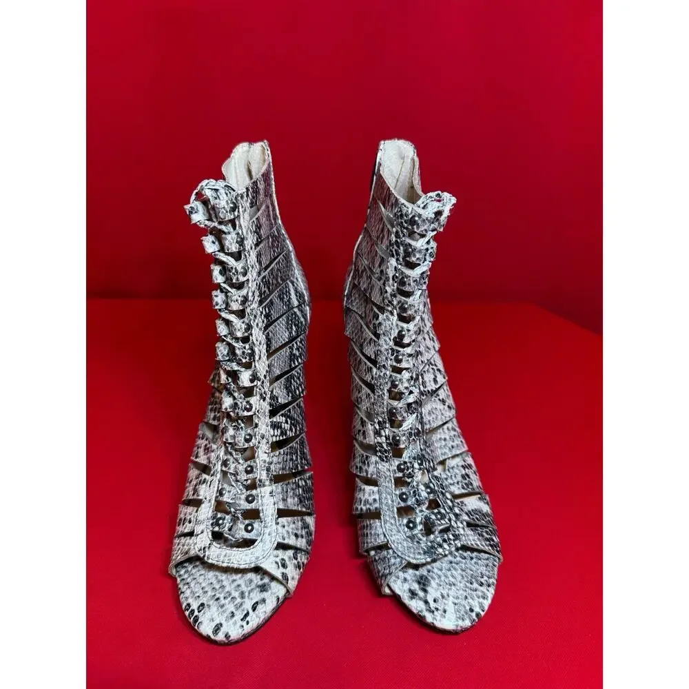 Sz 39 US 9 ❤️ Ankle Booties Women Heel Cage Snake Genuine Suede Leather Lace Up